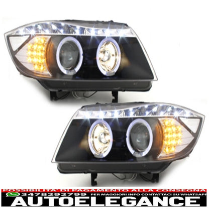 dayline headlights suitable for bmw e90 e91 05+ 2 halo rims drl led optics black