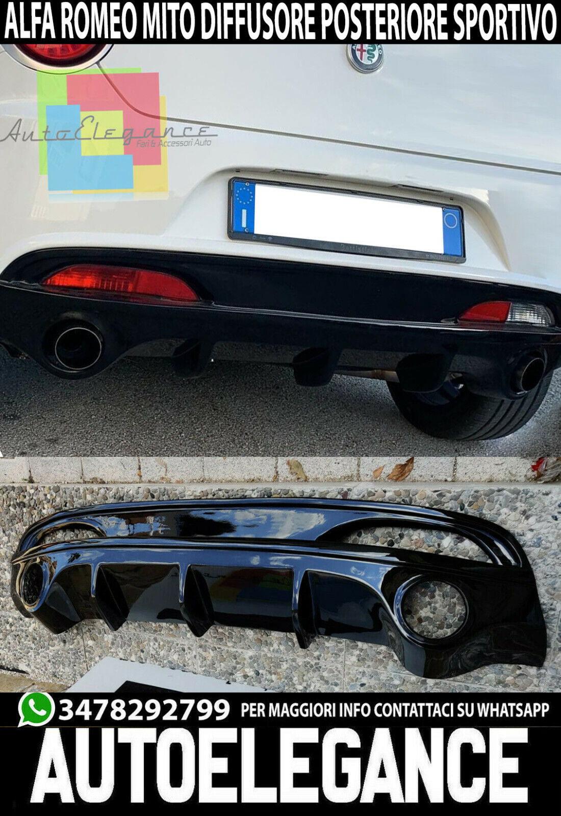 DIFFUSORE ALFA ROMEO MITO 2008+ SOTTO PARAURTI POSTERIORE DAM NERO LUCIDO SPORT