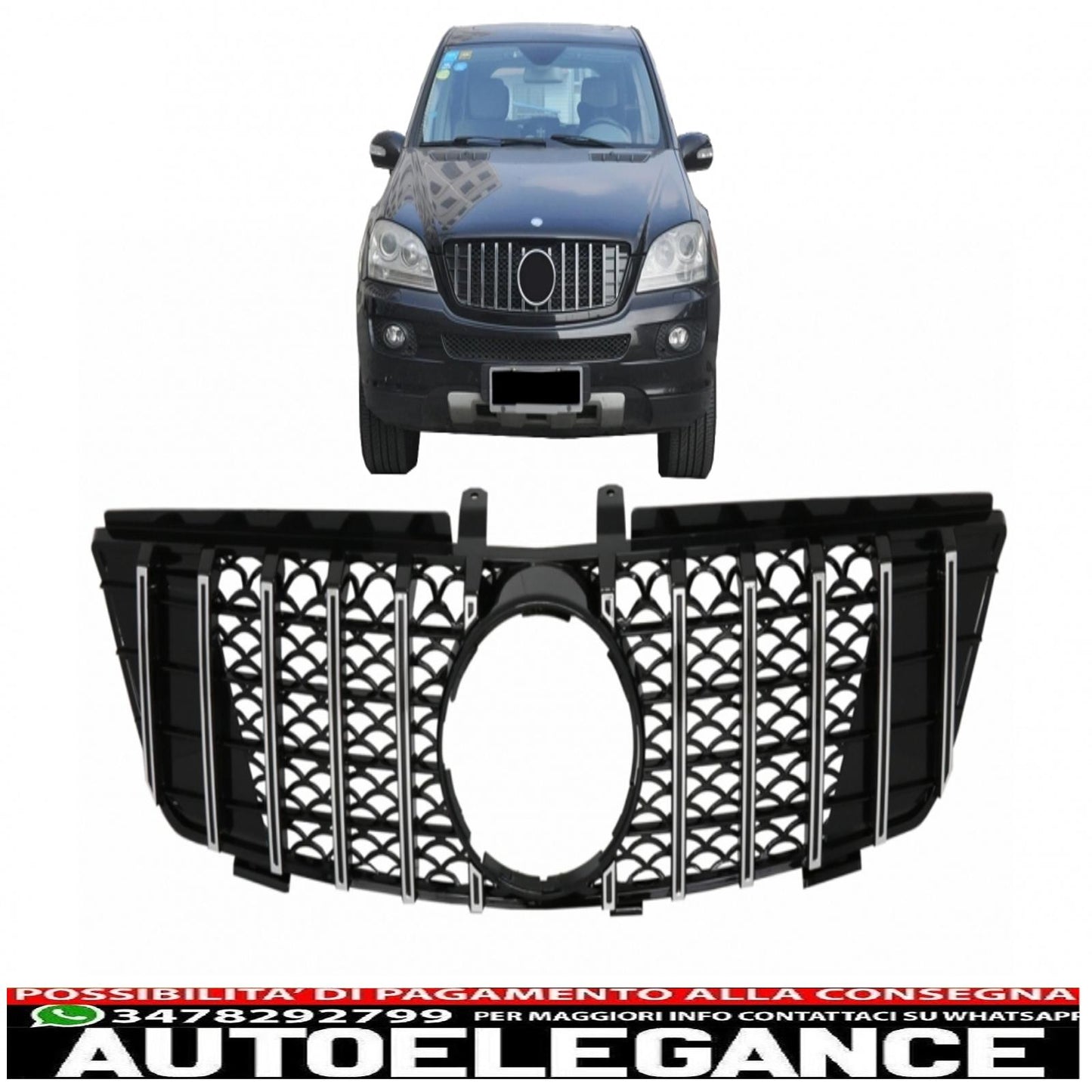 griglia anteriore centrale adatta per mercedes ml w164 (2005-2008) gt-r design panamericana nera cromata