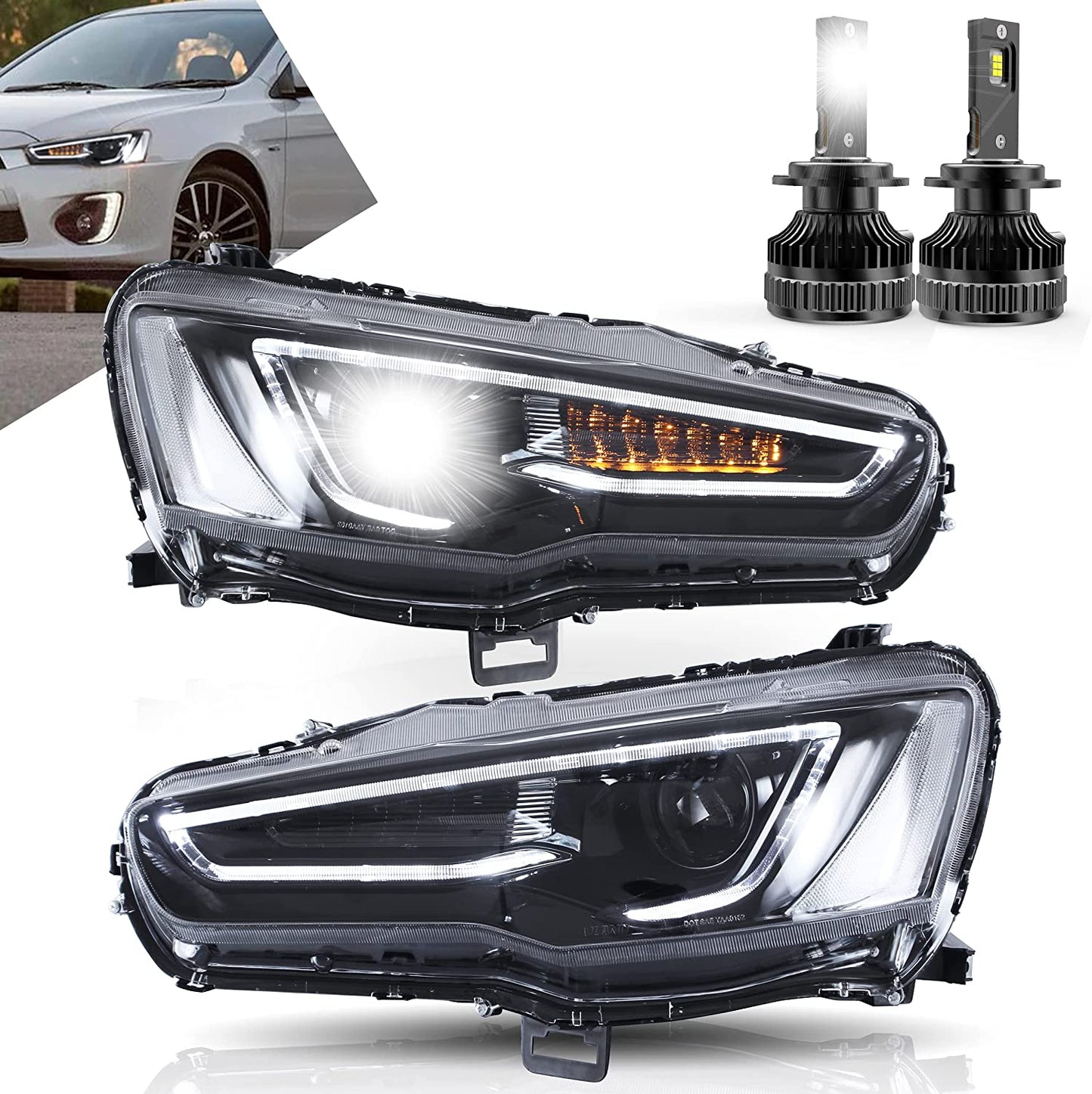 Dual Beam Headlights + D2S LED Bulbs for Mitsubishi EVO X &amp; Lancer 2008-2020 【Bulbs Included】 