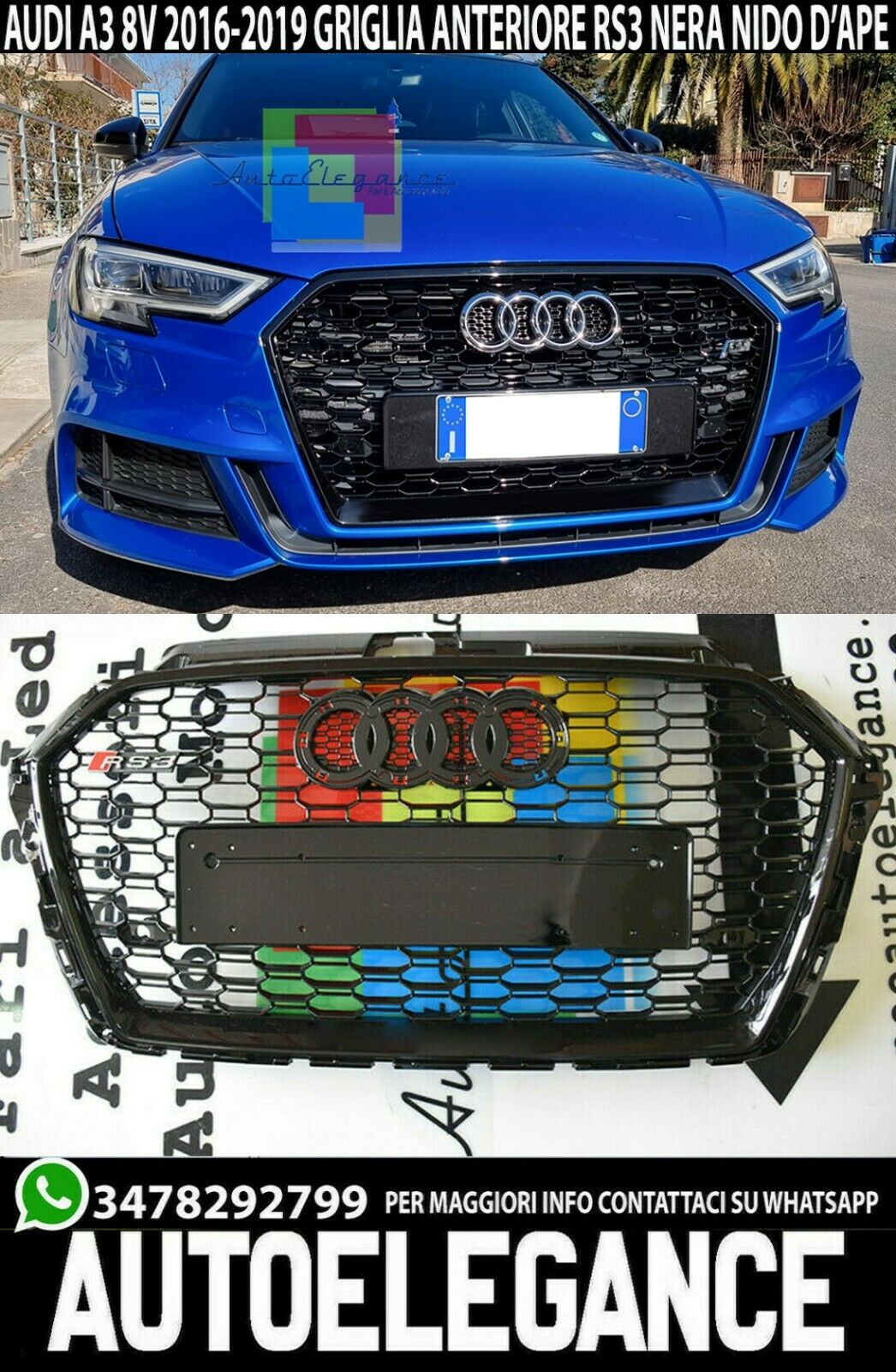 Audi A3 8V 2016-2020 Griglia RS3 Look Quattro PDC Nero Lucido