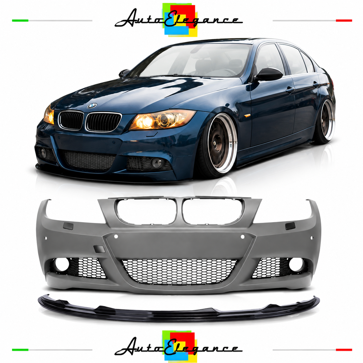 PARAURTI BMW E90 E91 LCI 08-12 LOOK M PDC SRA + SPOILER ANTERIORE