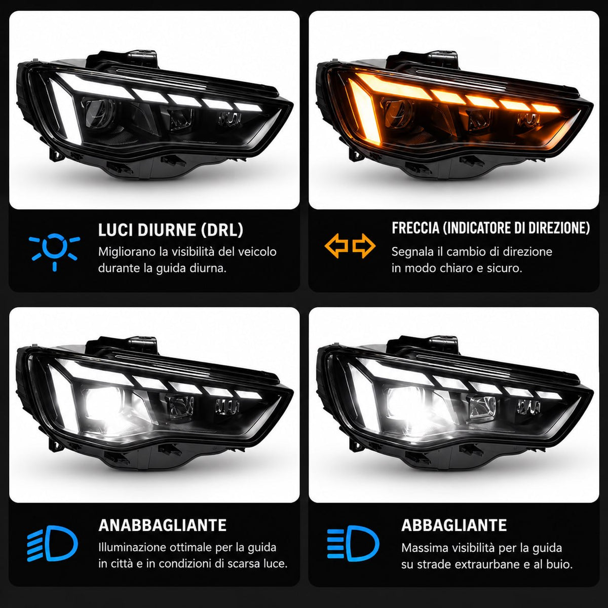 👉ART.10644 COPPIA FARI FULL FULL LED ADATTO PER A3 8V 12-16 XENON DI SERIE👈