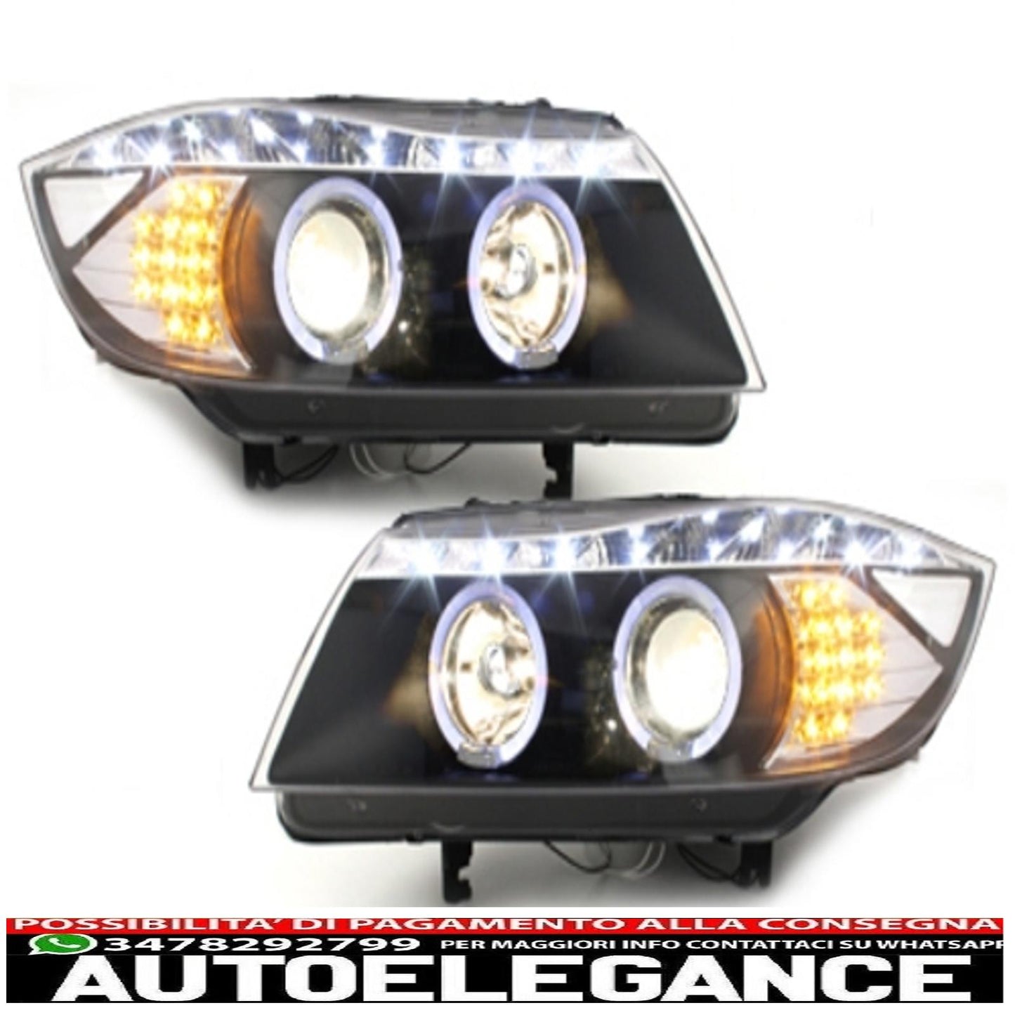 dayline headlights suitable for bmw e90 e91 05+ 2 halo rims drl led optics black