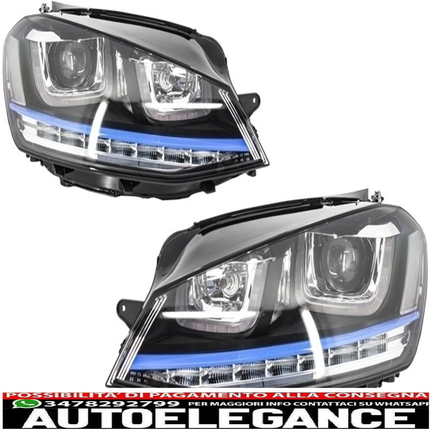 headlights with central grille suitable for vw golf 7 vii (2012-2017) gte design blue inserts and dynamic sequential light leds 