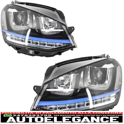 headlights with central grille suitable for vw golf 7 vii (2012-2017) gte design blue inserts and dynamic sequential light leds 