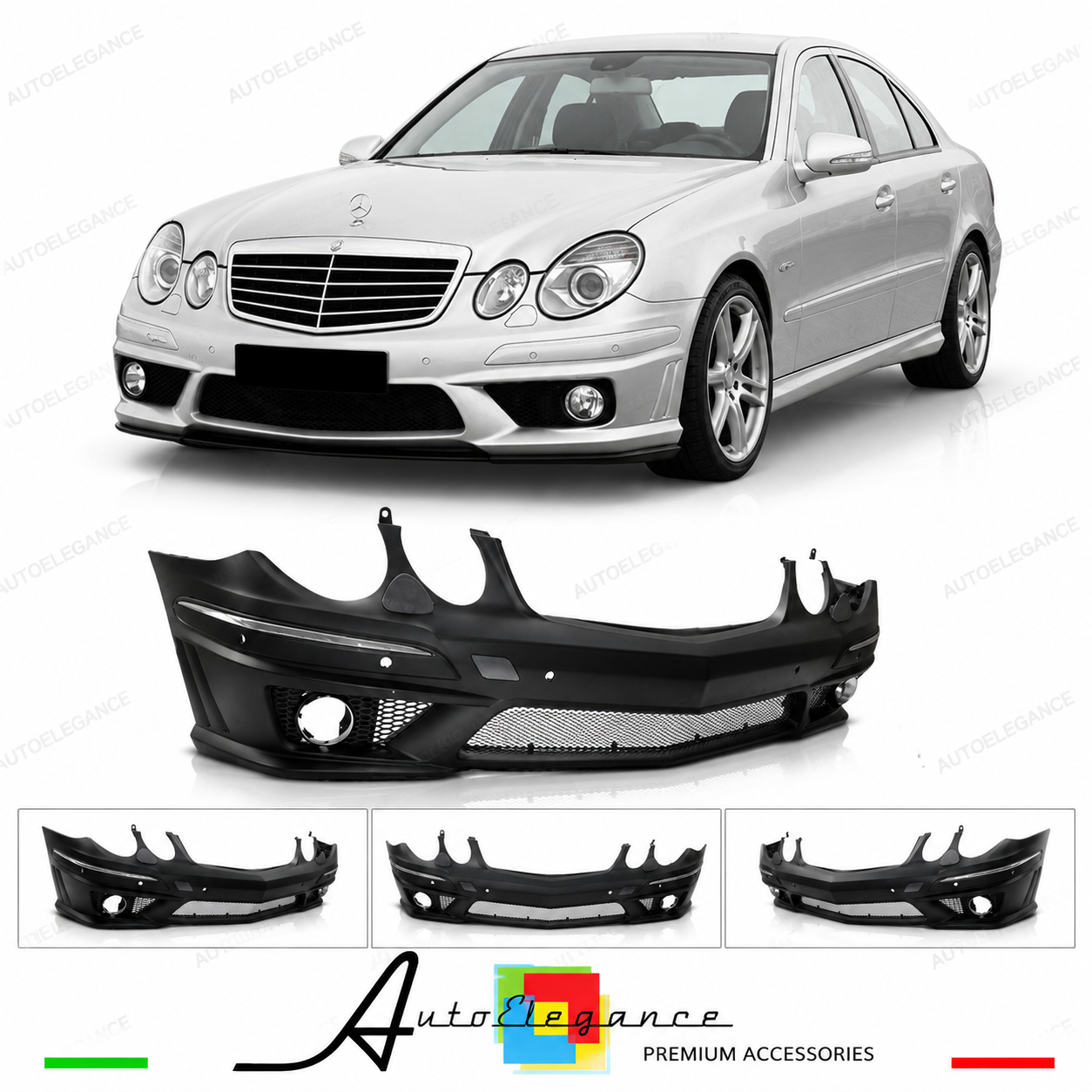 PARAURTI ANTERIORE MERCEDES CLASSE E W211 06-09 LOOK AMG CON FENDINEBBIA