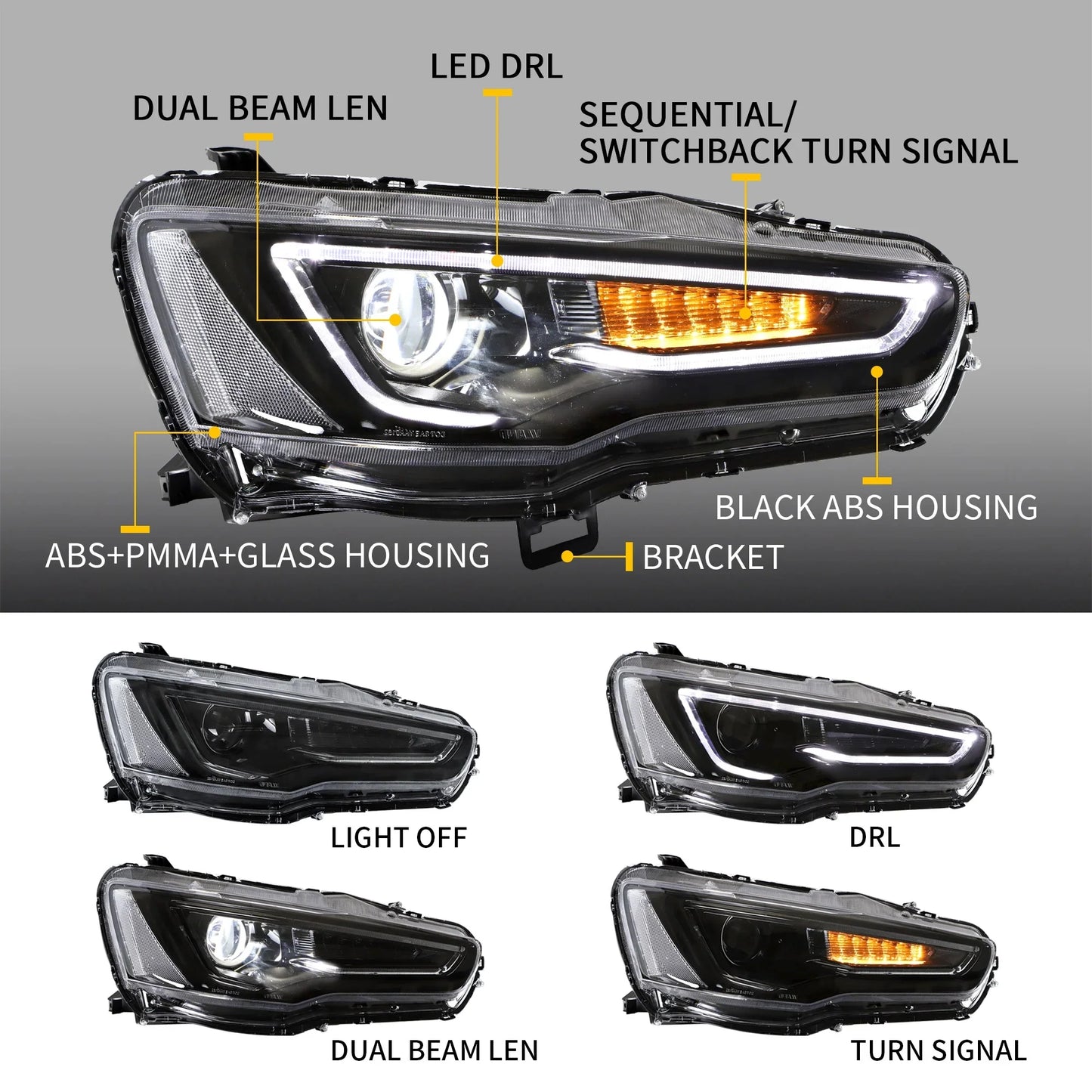 Dual Beam Headlights + D2S LED Bulbs for Mitsubishi EVO X &amp; Lancer 2008-2020 【Bulbs Included】 