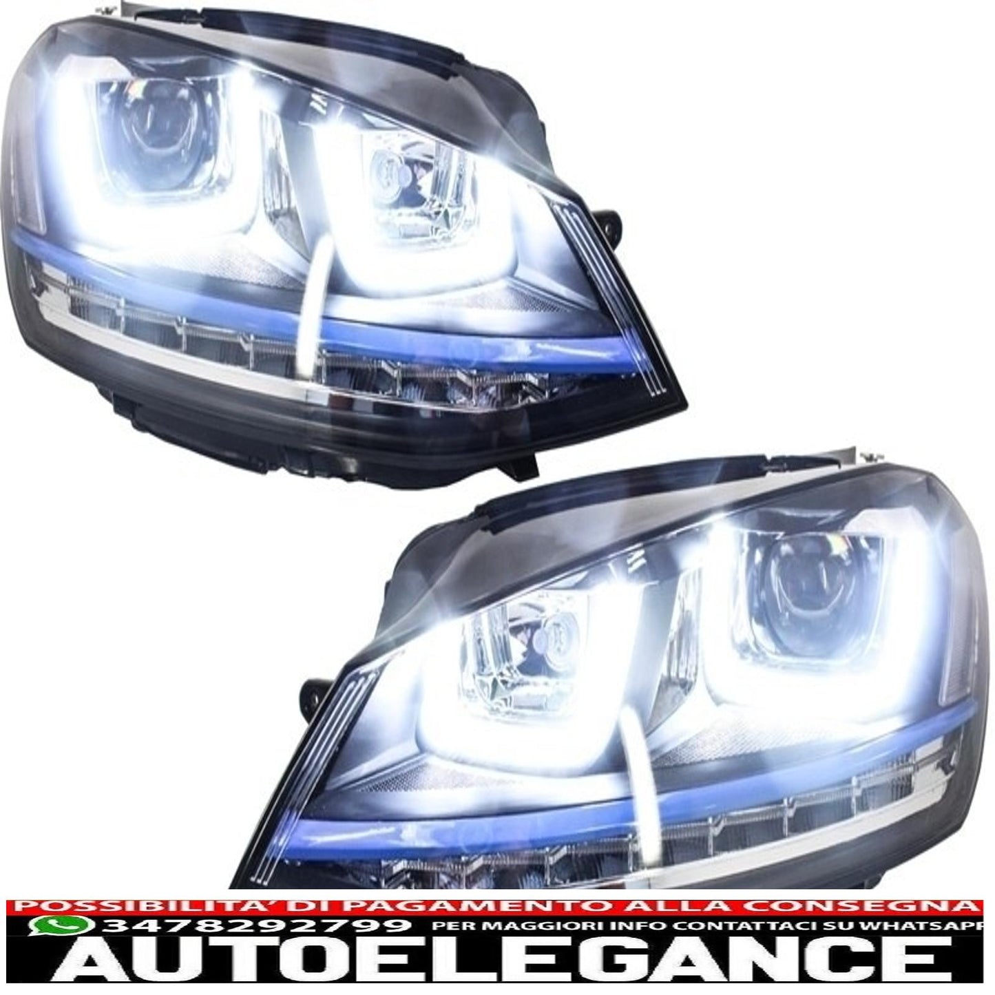 headlights with central grille suitable for vw golf 7 vii (2012-2017) gte design blue inserts and dynamic sequential light leds 