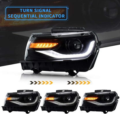 RGB Dual Beam Headlights for Chevy Camaro 2014 2015 with Sequential Amber Color, Multicolor DRL 