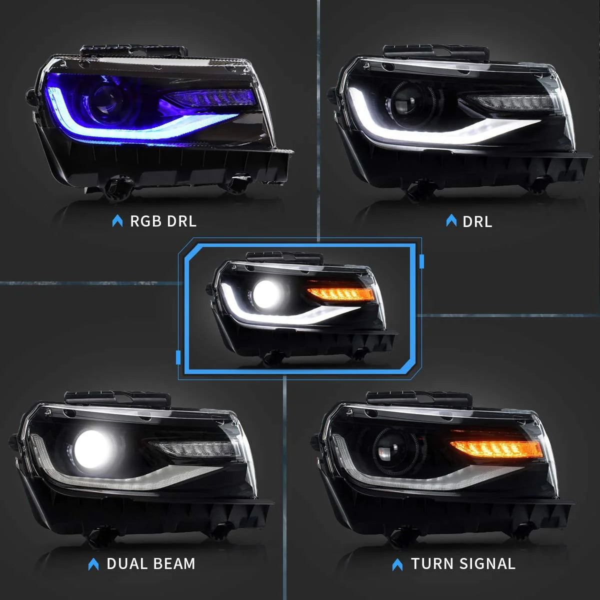 RGB Dual Beam Headlights for Chevy Camaro 2014 2015 with Sequential Amber Color, Multicolor DRL 