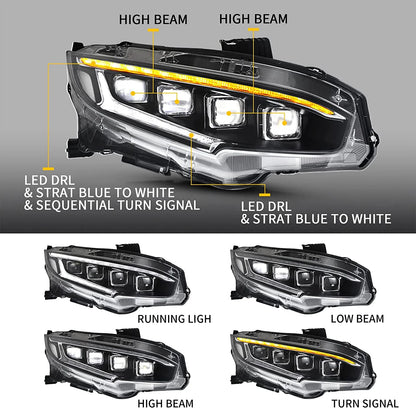 Fari a LED per Honda Civic Sedan/Coupé/Hatchback/Type R di decima generazione 2016-2020 con animazione di avvio (solo USA)