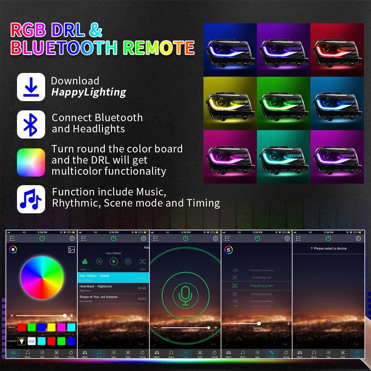 RGB Dual Beam Headlights for Chevy Camaro 2014 2015 with Sequential Amber Color, Multicolor DRL 