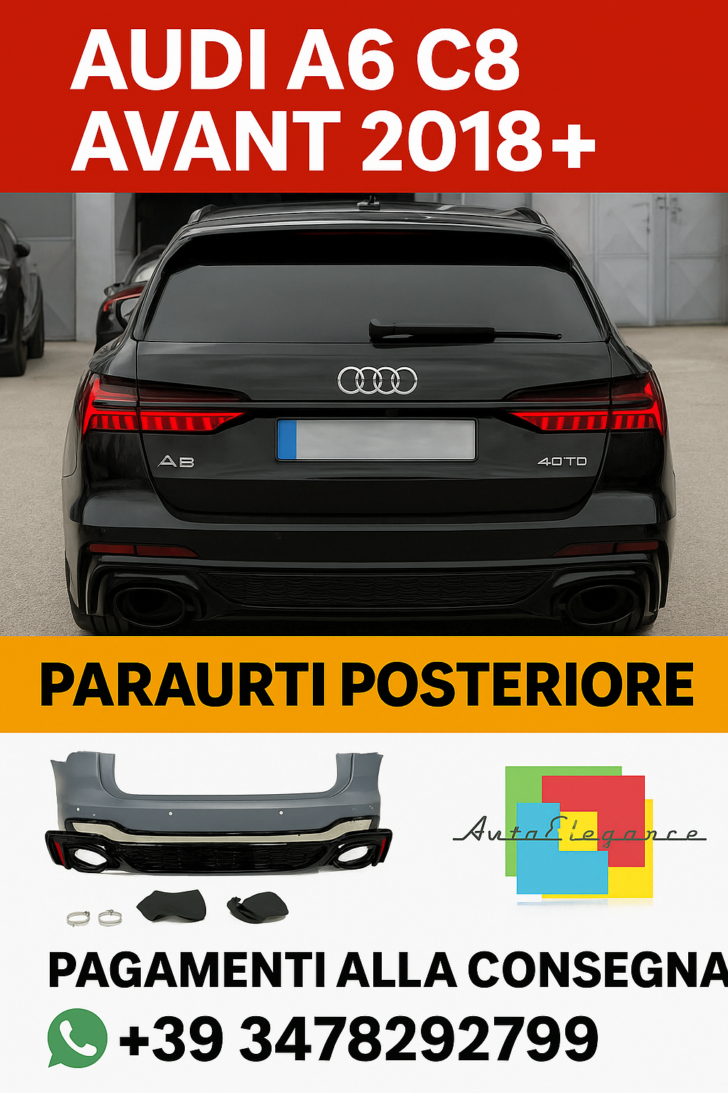 ⭐PARAURTI POSTERIORE PER AUDI A6 C8 2018-2022 AVANT LOOK RS6⭐