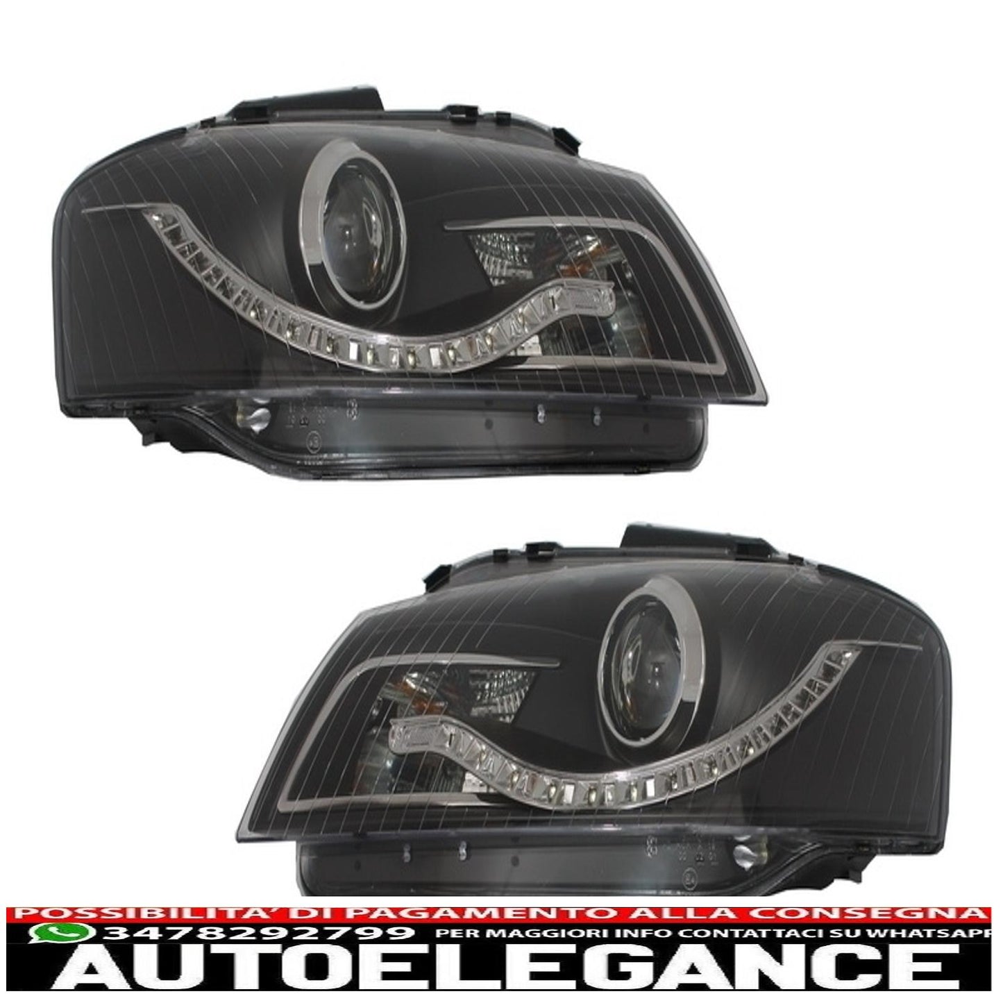 paraurti anteriore con fendinebbia adatto per audi a3 8p 8pa facelift rs3 design (2009-2012) e fari drl ottica neri