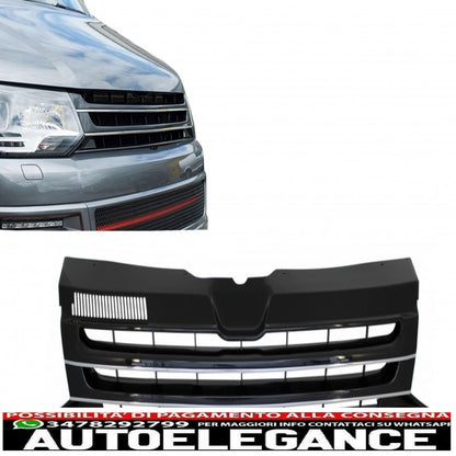 Griglia anteriore senza badge adatta per VW T5.1 Facelift Transporter (2010-2015) nera con strisce cromate