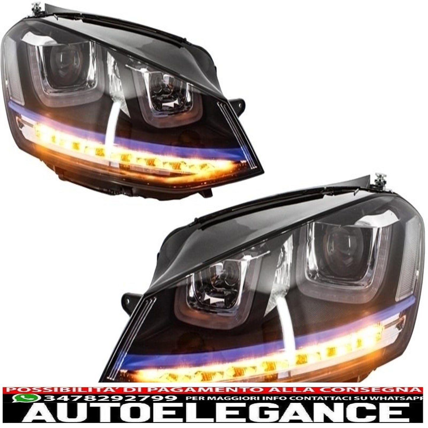 headlights with central grille suitable for vw golf 7 vii (2012-2017) gte design blue inserts and dynamic sequential light leds 