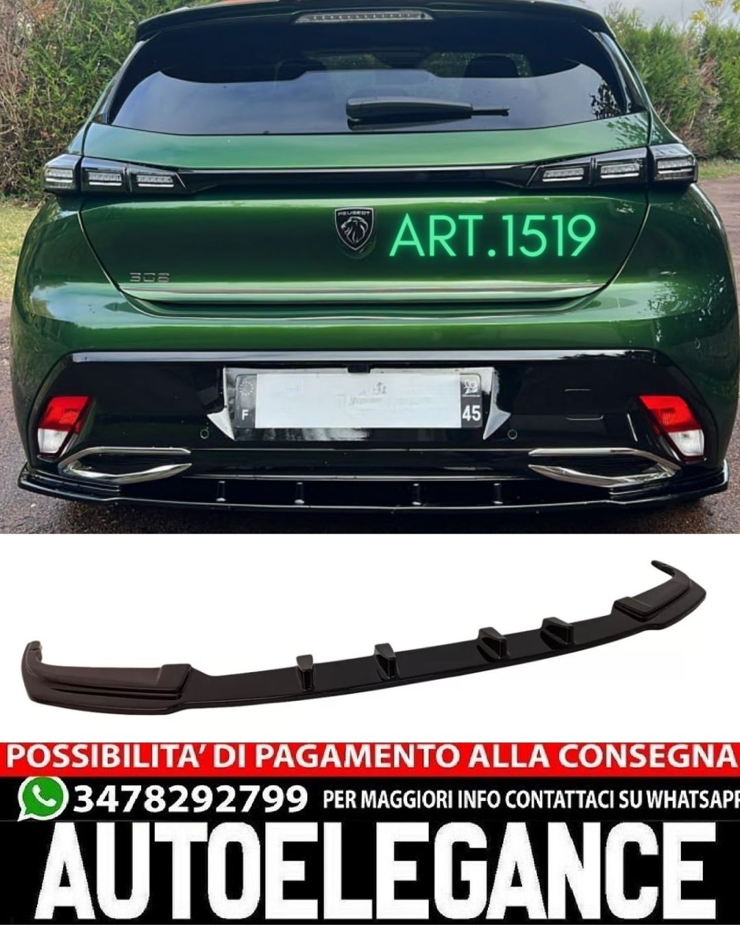 SPLITTER DIFFUSORE ADATTO PER PEUGEOT 308 2021+ LOOK NERO LUCIDO DESIGN SPORTIVO