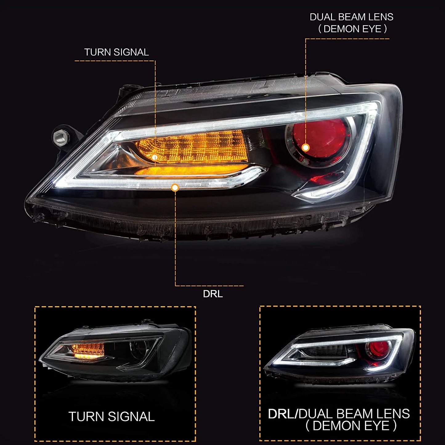 Double Beam Headlights for Volkswagen Jetta / Sagitar (NOT GLI) 2012-2018 (Bulbs Not Included) 