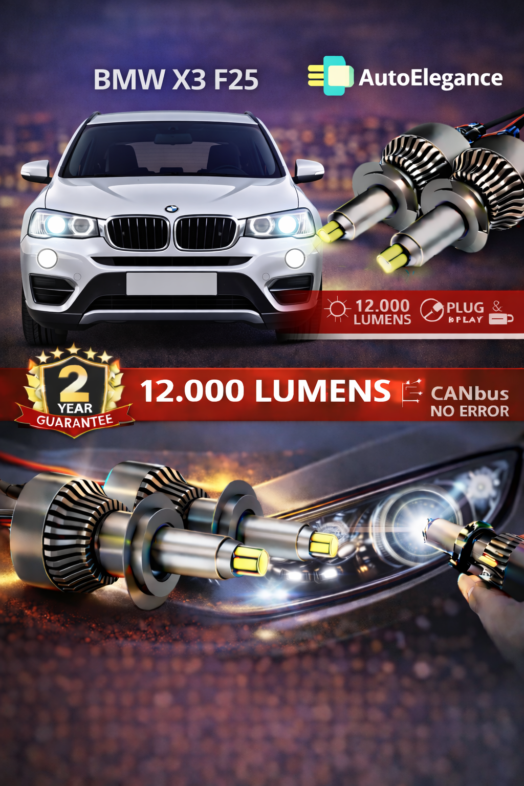 KIT LED BMW X3 F25 ANABAGLIANTI H7 CANBUS Bianco 6500K 360 gradi.