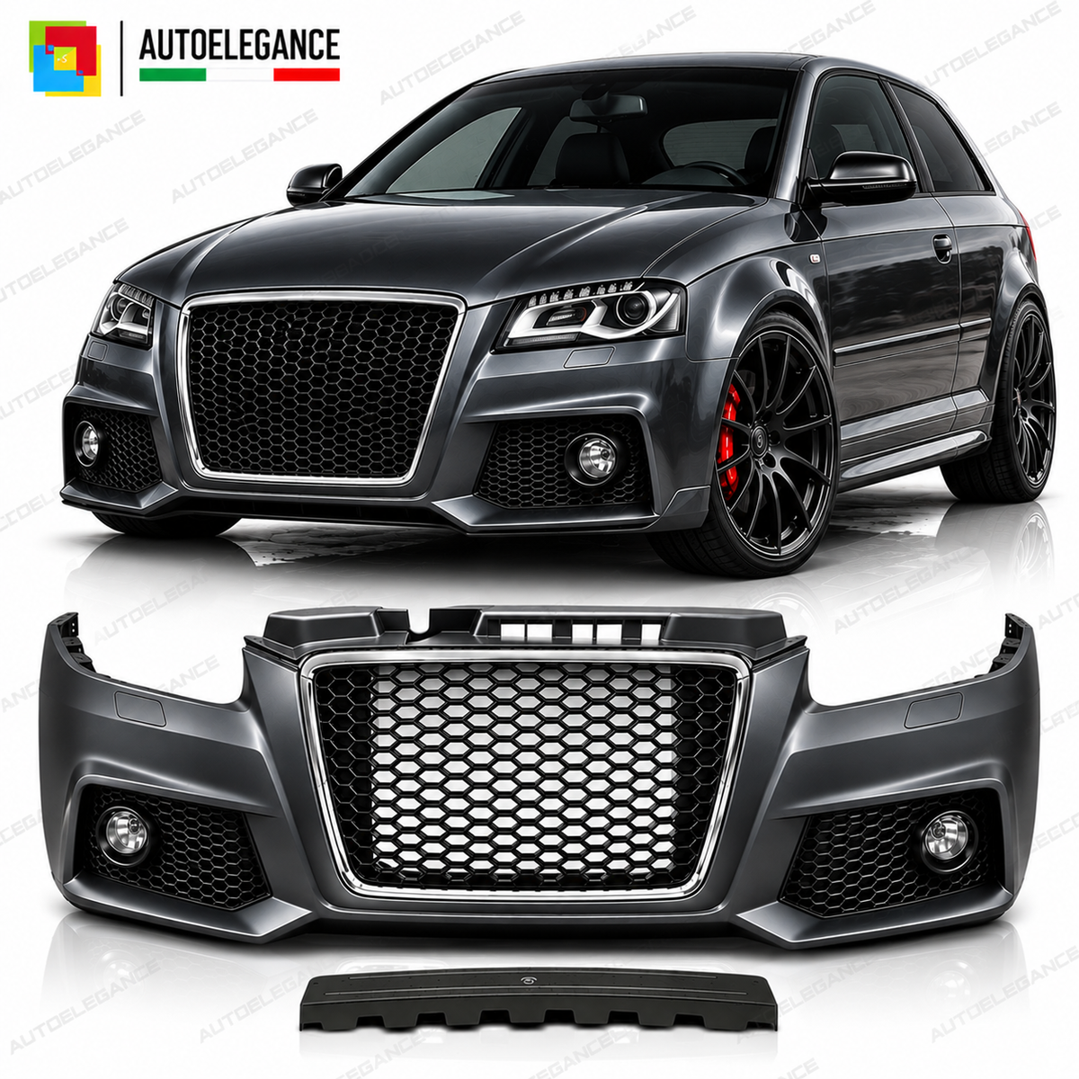 PARAURTI ANTERIORE SPORT CROMO NERO compatibile con AUDI A3 08-12 look rs3
