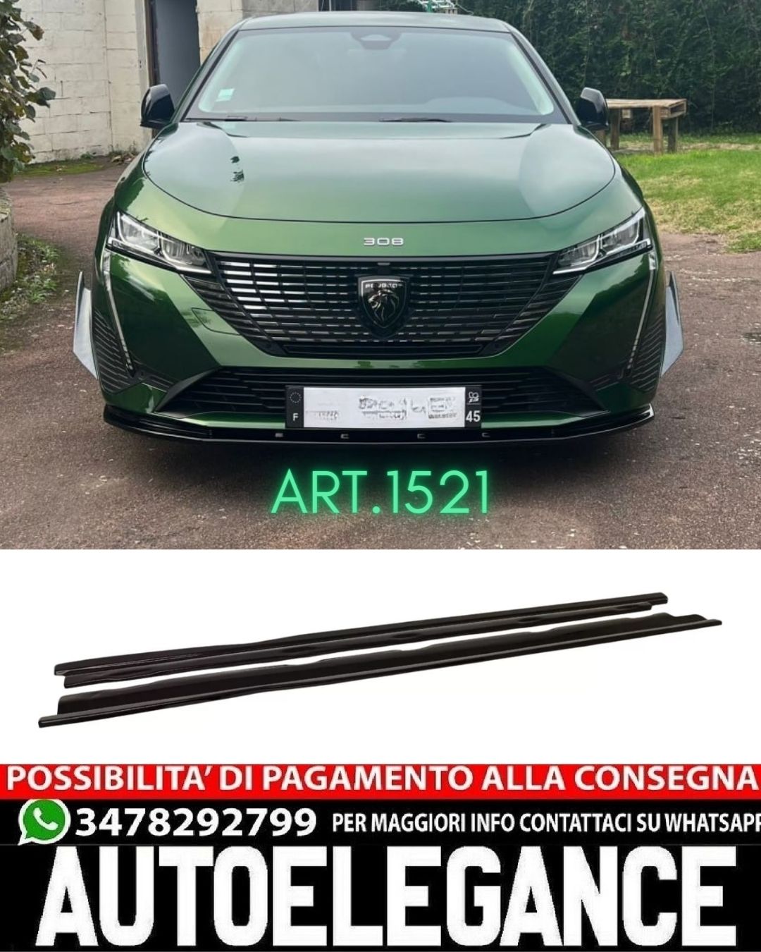 SPLITTER ANTERIORE ADATTO PER PEUGEOT 308 2021+ LOOK NERO LUCIDO DESIGN SPORTIVO