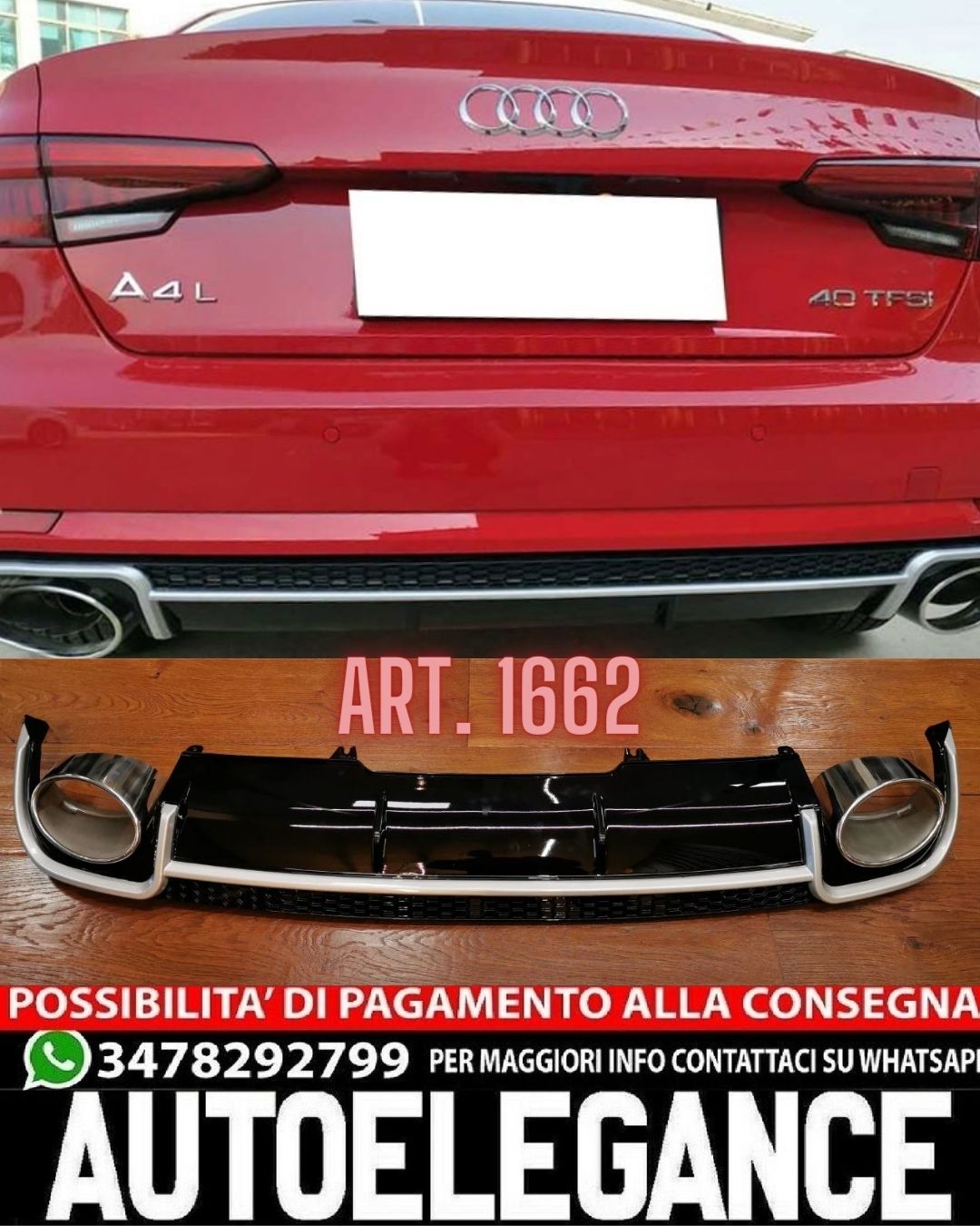 DIFFUSORE POSTERIORE ADATTO PER AUDI A4 B9 8W 2015-2018 LOOK NERO SPORTIVO