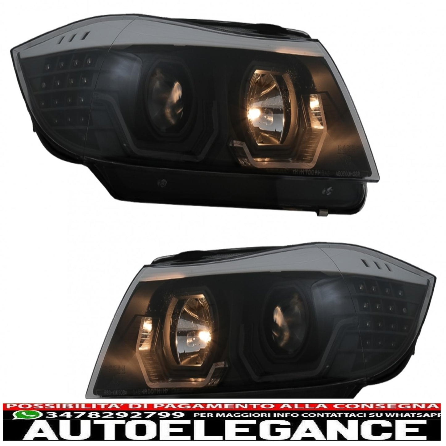 Fari anteriori angel eye 3d a led adatti per bmw serie 3 e90 limousine e91 touring (03.2005-08.2008) guida a sinistra nera