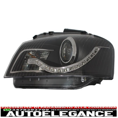 paraurti anteriore con fendinebbia adatto per audi a3 8p 8pa facelift rs3 design (2009-2012) e fari drl ottica neri