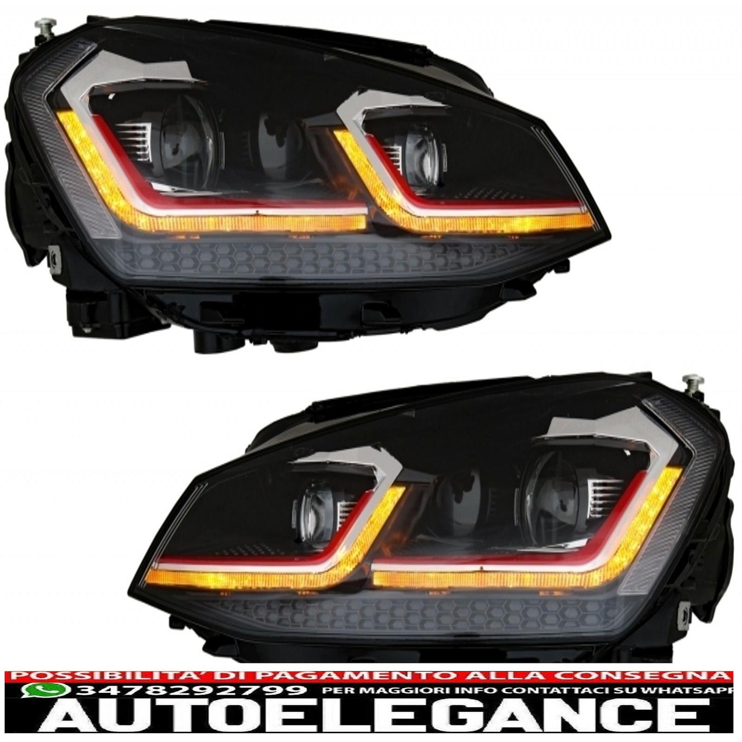 bi-xenon look led headlights suitable for vw golf 7 vii (2012-2017) facelift g7.5 gti design with sequential dynamic cornering lights with central grille 