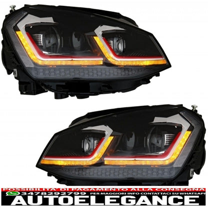 bi-xenon look led headlights suitable for vw golf 7 vii (2012-2017) facelift g7.5 gti design with sequential dynamic cornering lights with central grille 