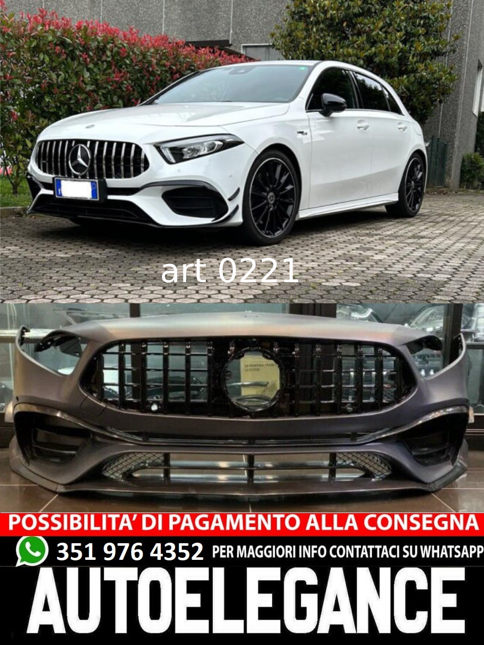 🔝PARAURTI ADATTO PER MERCEDES-BENZ CLASSE A W177 LOOK AMG A45S GRIGLIA CROMATA