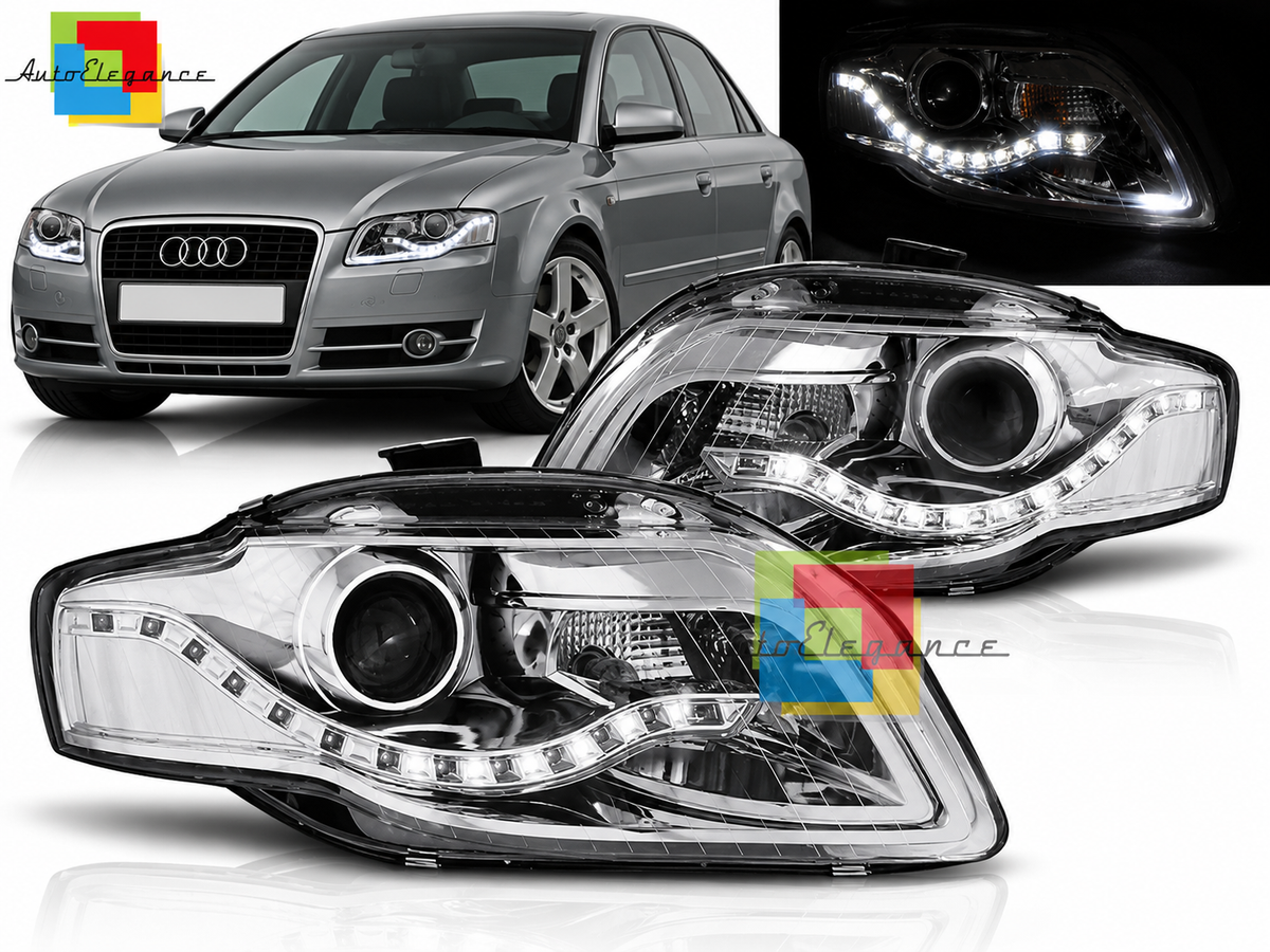 FARI ANTERIORI CROMATI A LED ADATTO PER AUDI A4 B7 11.04-03.08