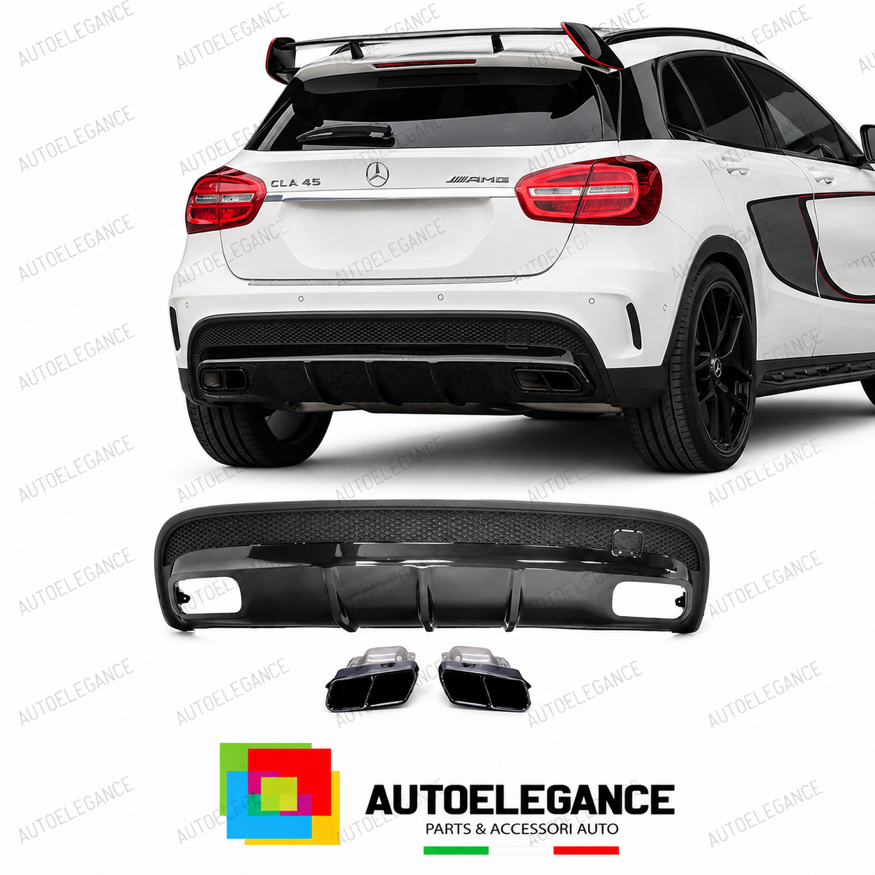 DIFFUSORE MERCEDES X156 AMG 13-19 LOOK GLA45 NERO + TERMINALI DI SCARICO NERI