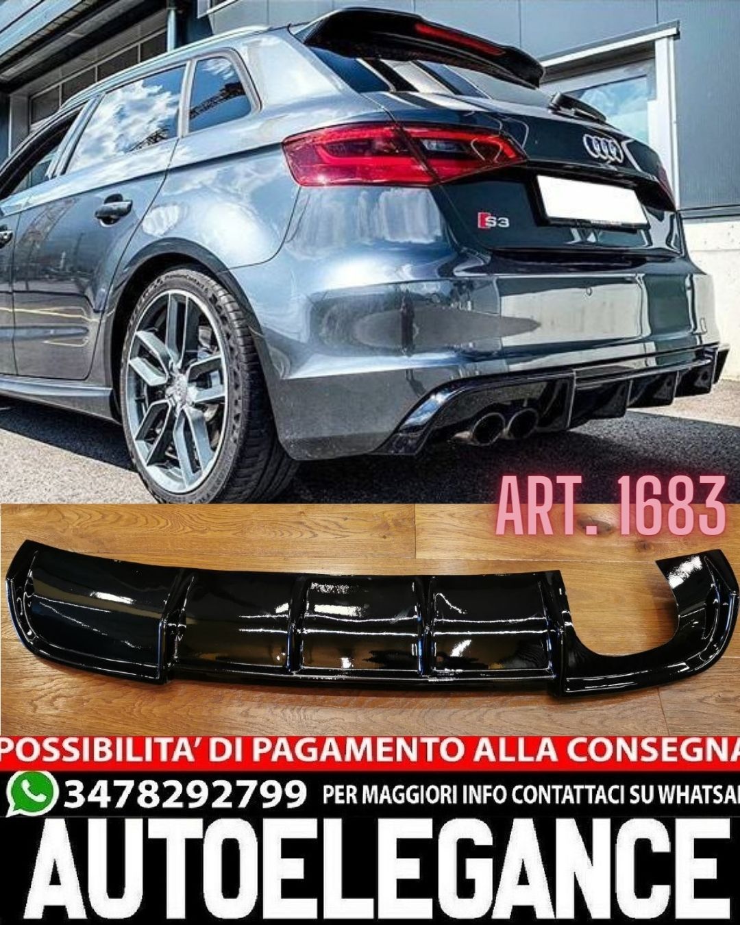 DIFFUSORE ADATTO PER AUDI A3 8V 2012-2016 SLINE LOOK RS3 2SX NERO LUCIDO
