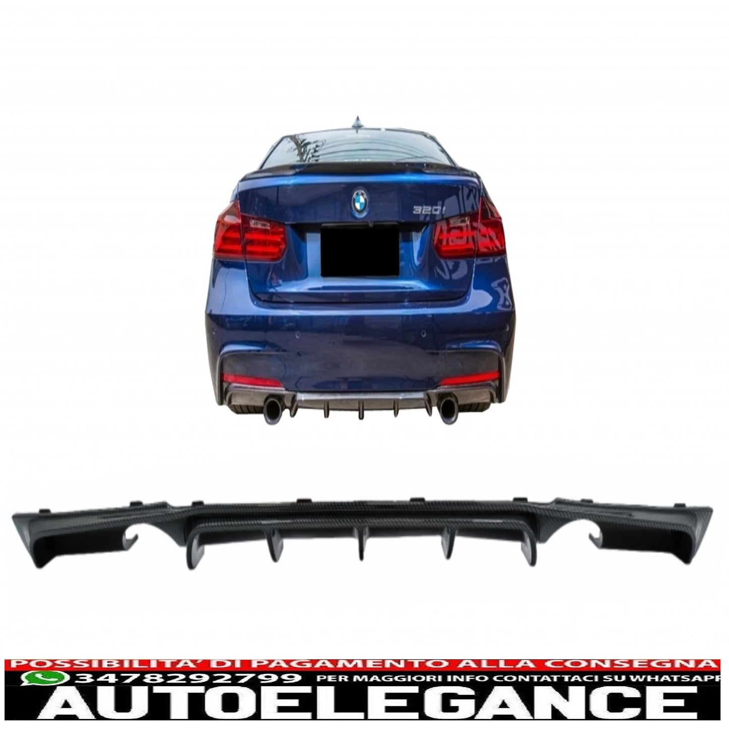 paraurti posteriore spoiler mantovana diffusore doppia uscita per scarico singolo adatto per bmw serie 3 f30 f31 (2011-2019) m performance design rivestimento in pellicola di carbonio