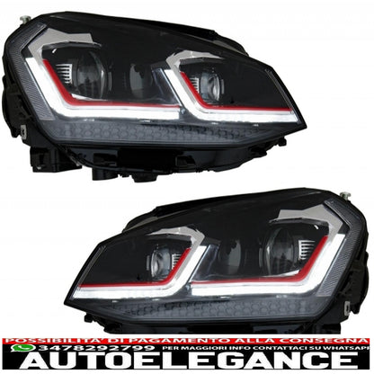 front bumper with led headlights dynamic sequential cornering lights and red grille suitable for vw golf vii 7 5g (2013-2017) facelift g7.5 gti look