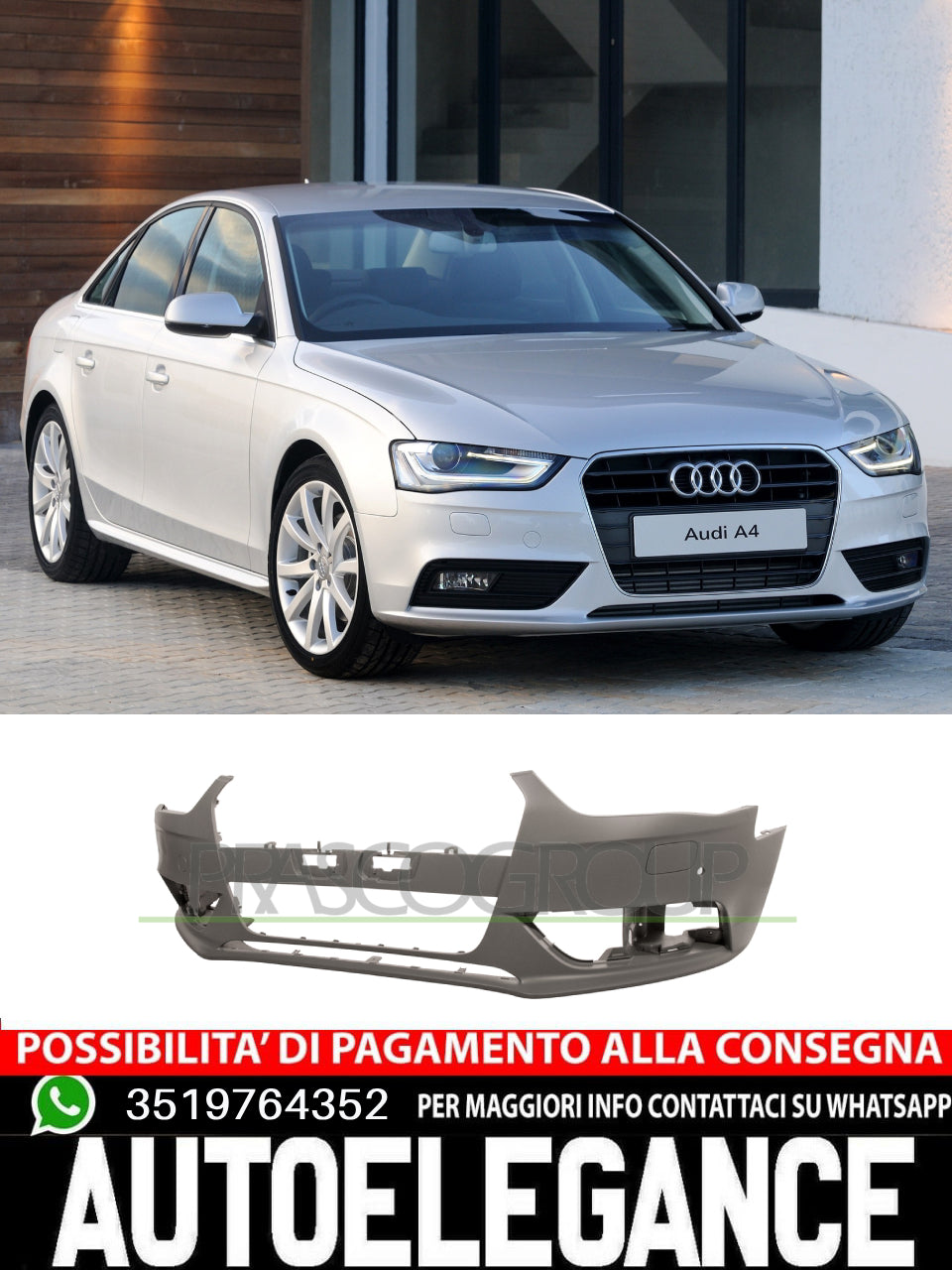 Paraurti Prasco Anteriore Per Audi A4 CON PRIMER FORI PDC LAVAFARI 8K0807065DGRU