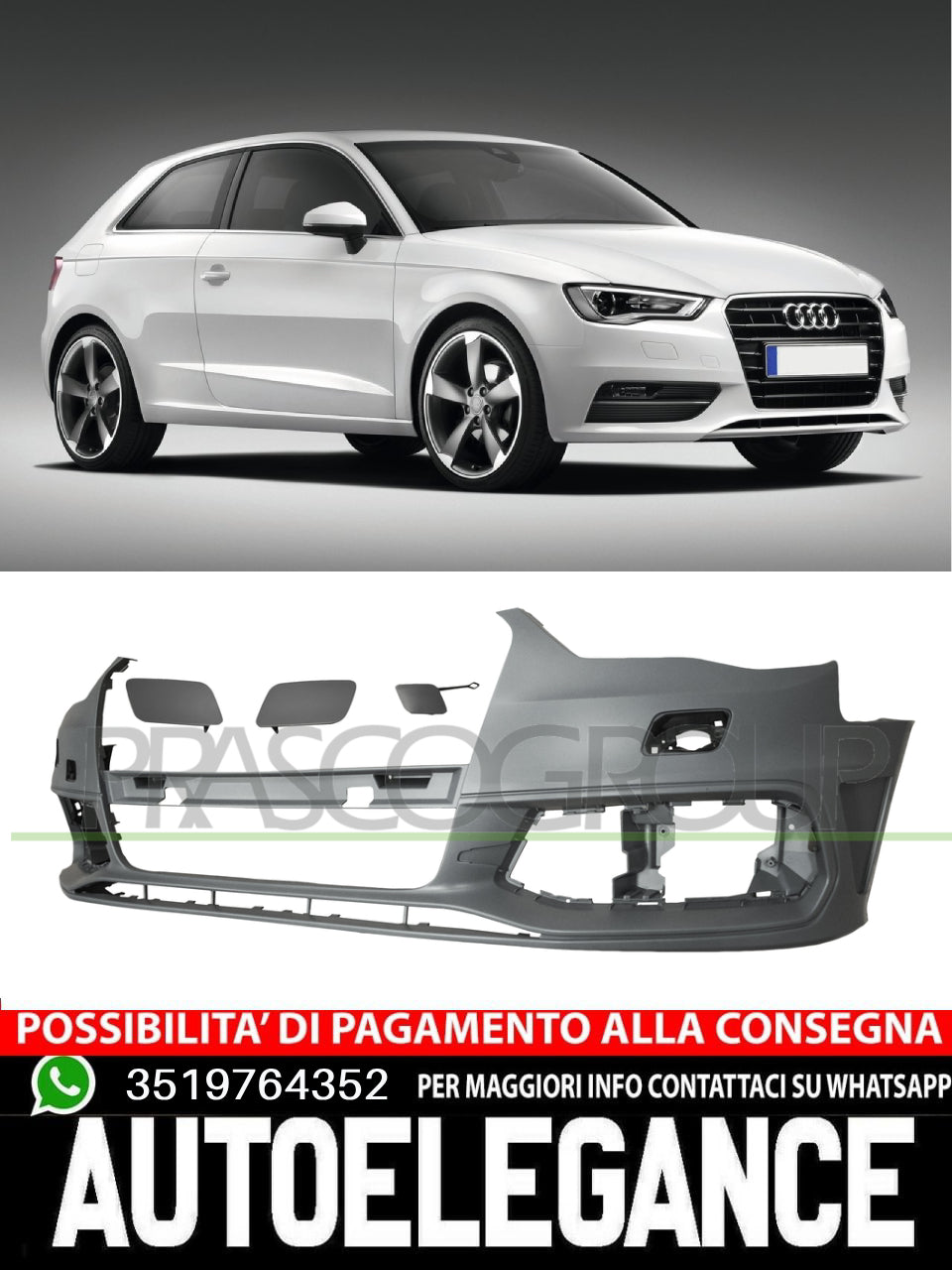 Prasco Front Bumper For Audi A3 WITH PRIMER HOOK COVER CAP HEADLIGHT WASHER HOLES
