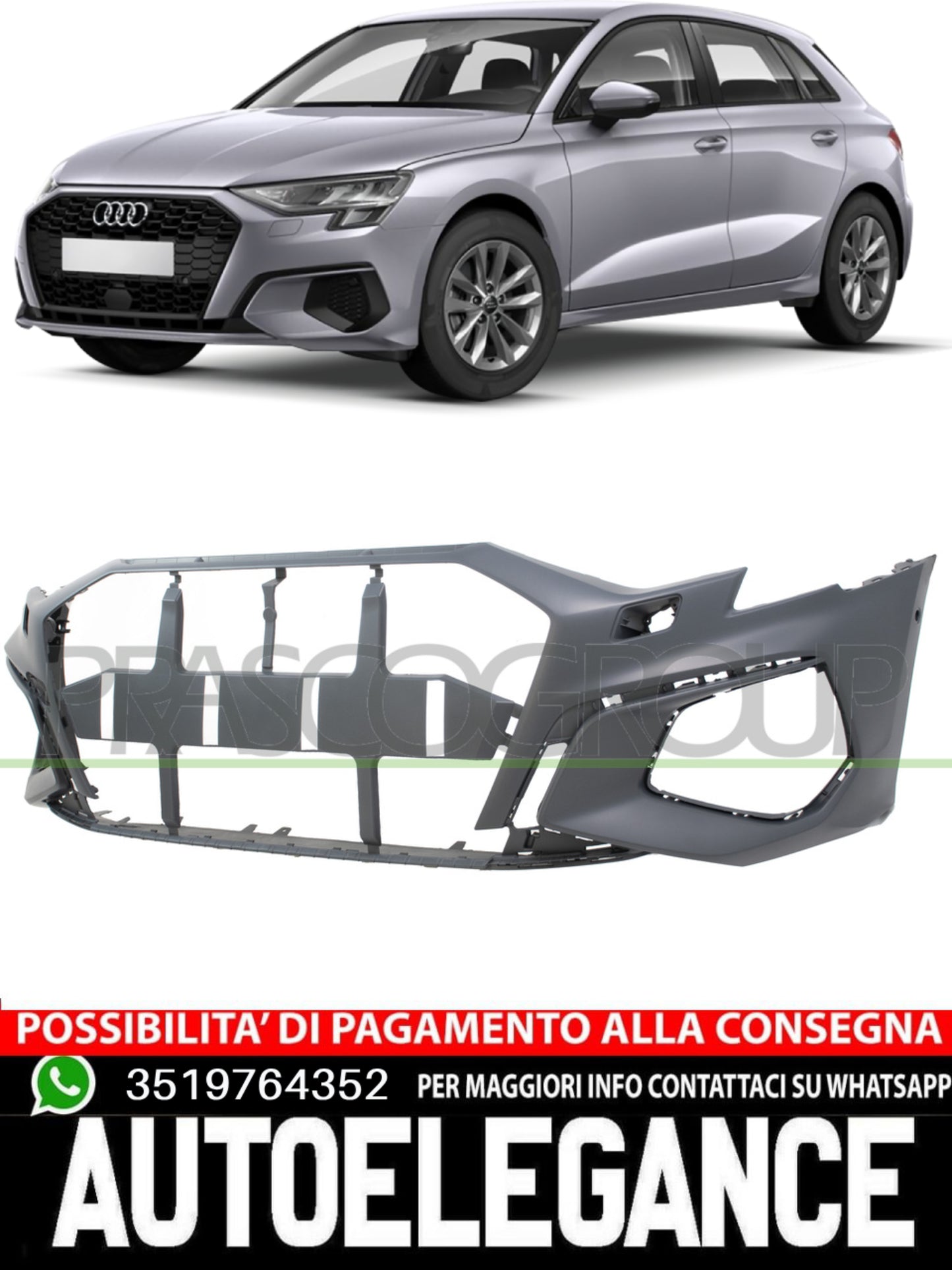 Prasco Front Bumper WITH PRIMER HEADLIGHT WASHER HOLES for AUDI A3 8Y0807065CGRU 