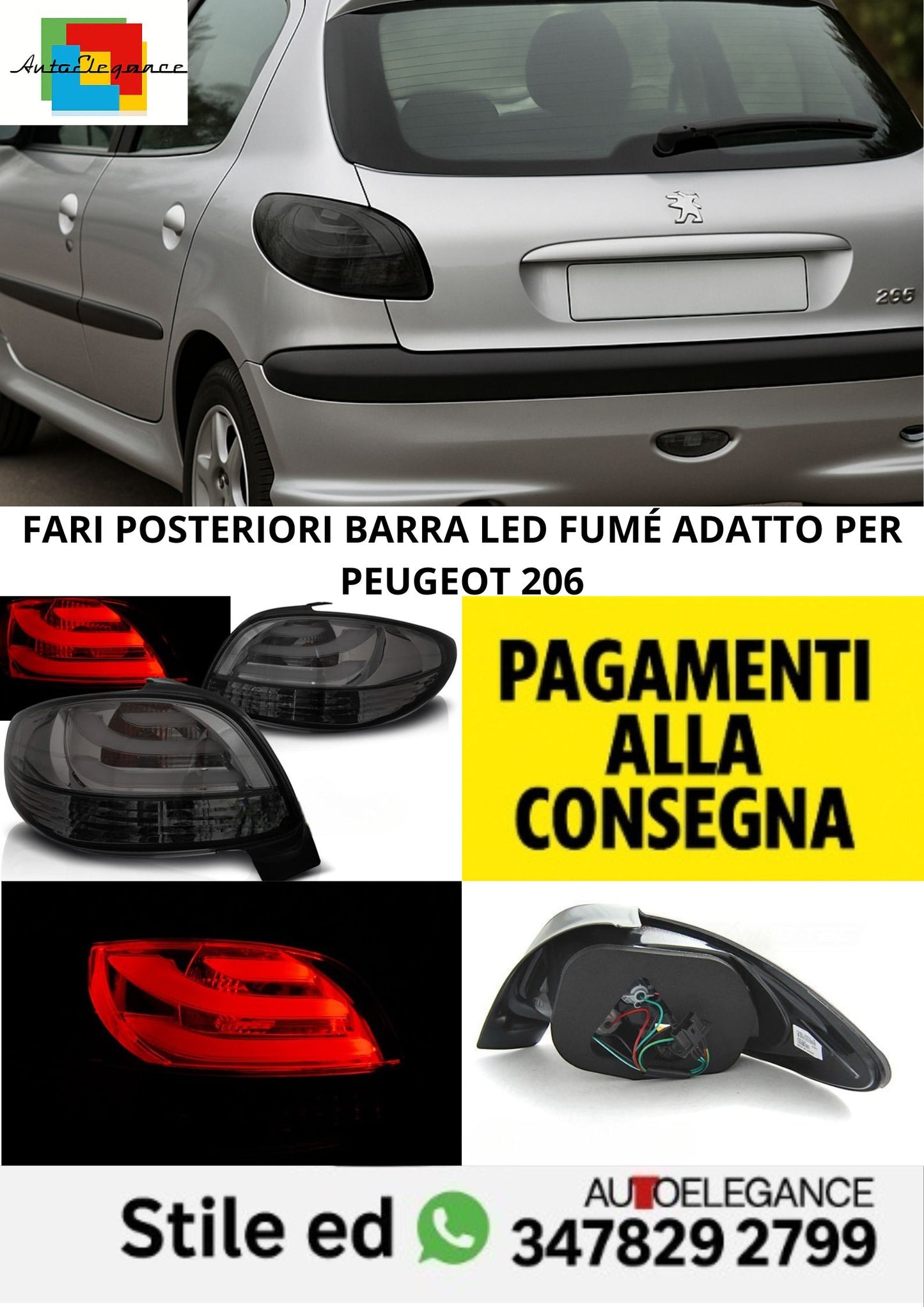 😎FARI POSTERIORI BARRA LED FUMÉ ADATTO PER PEUGEOT 206😎
