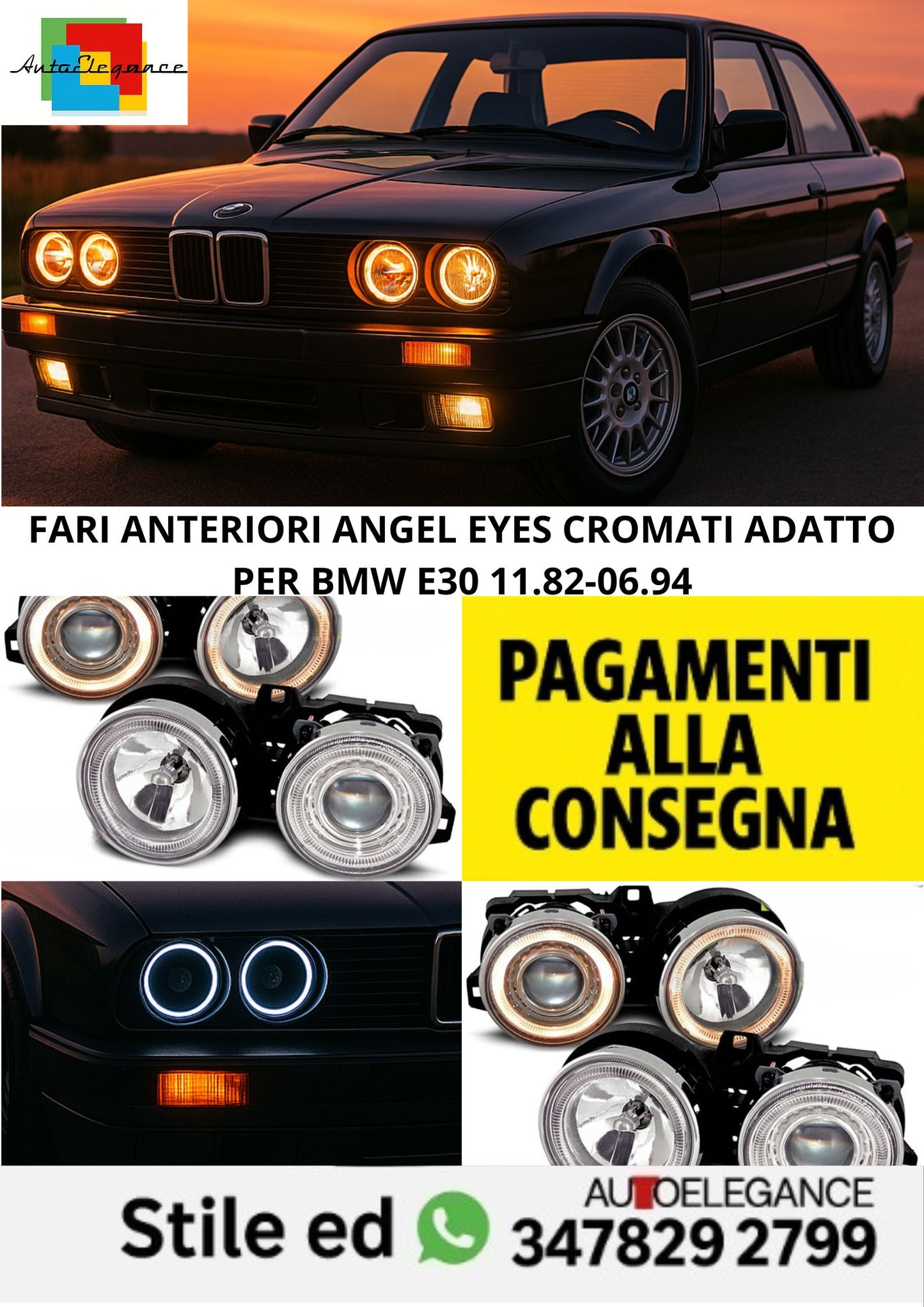 😎FARI ANTERIORI ANGEL EYES CROMATI ADATTO PER BMW E30 11.82-06.94😎