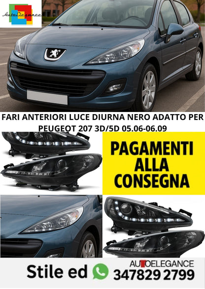 😎FARI ANTERIORI LUCE DIURNA NERO ADATTO PER PEUGEOT 207 3D/5D 05.06-06.09😎