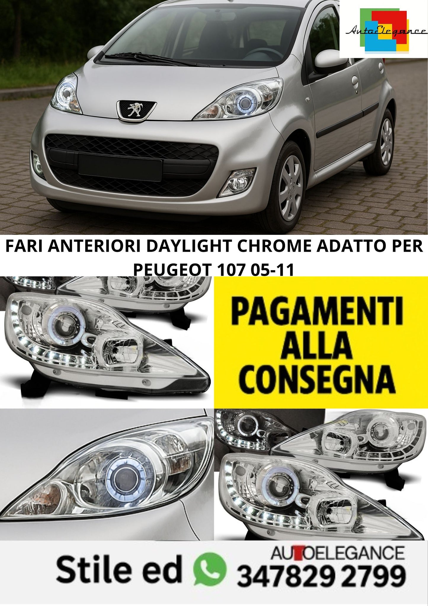 🤩FARI ANTERIORI DAYLIGHT CHROME ADATTO PER PEUGEOT 107 05-11 🤩