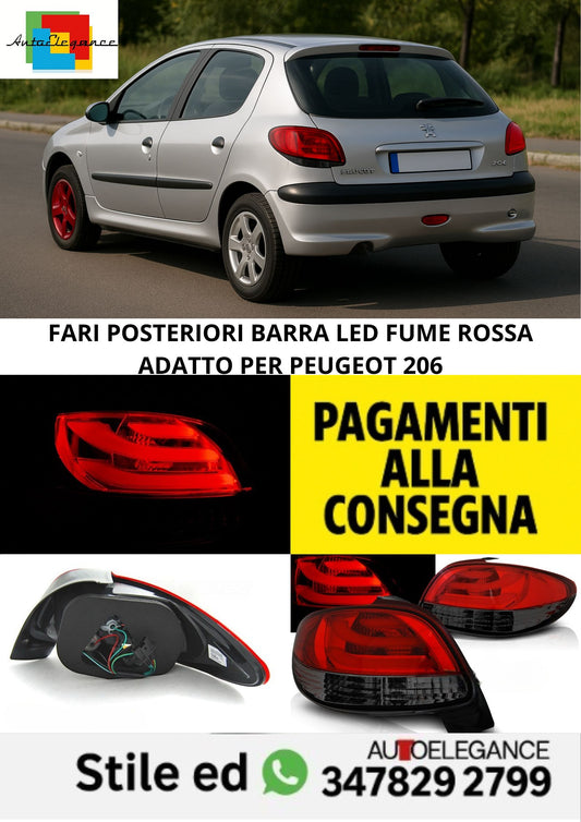 😎FARI POSTERIORI BARRA LED FUME ROSSA ADATTO PER PEUGEOT 206😎
