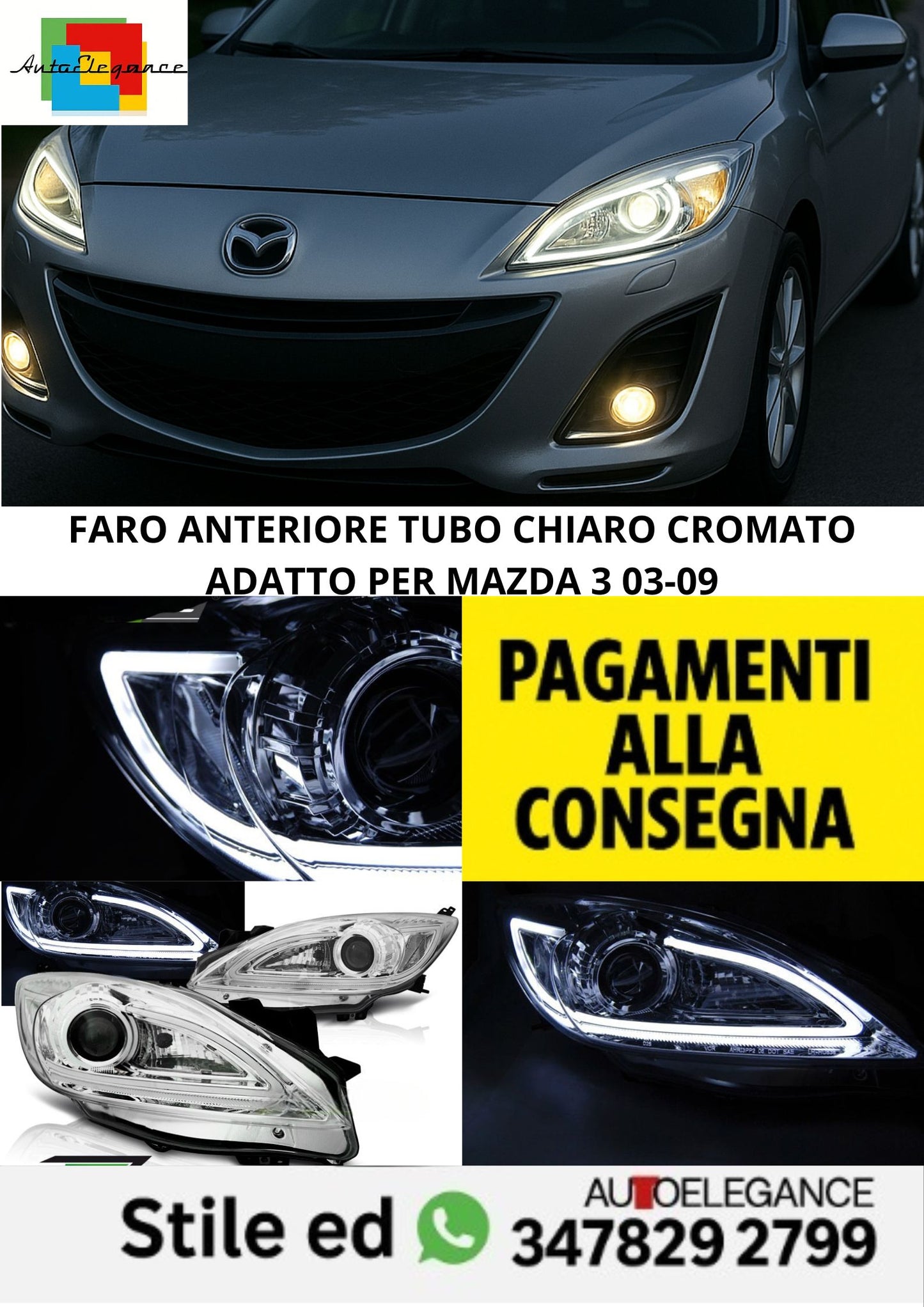 😎FARO ANTERIORE TUBO CHIARO CROMATO ADATTO PER MAZDA 3 03-09😎