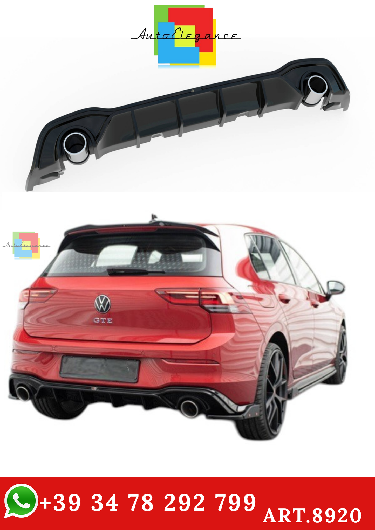 🔥ART.8920 DIFFUSORE + TERMINALI DI SCARICO PER VW GOLF GTE / R-LINE Mk8 / Mk8🔥
