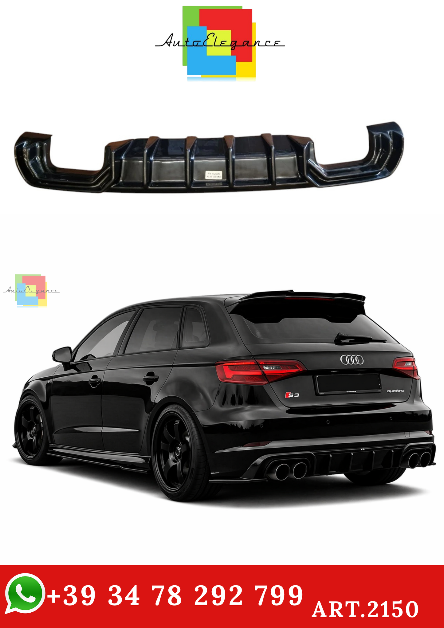 🔥ART.2150 DIFFUSORE ADATTO PER AUDI A3 8V 2012-2016 SLINE S3 NERO LUCIDO🔥