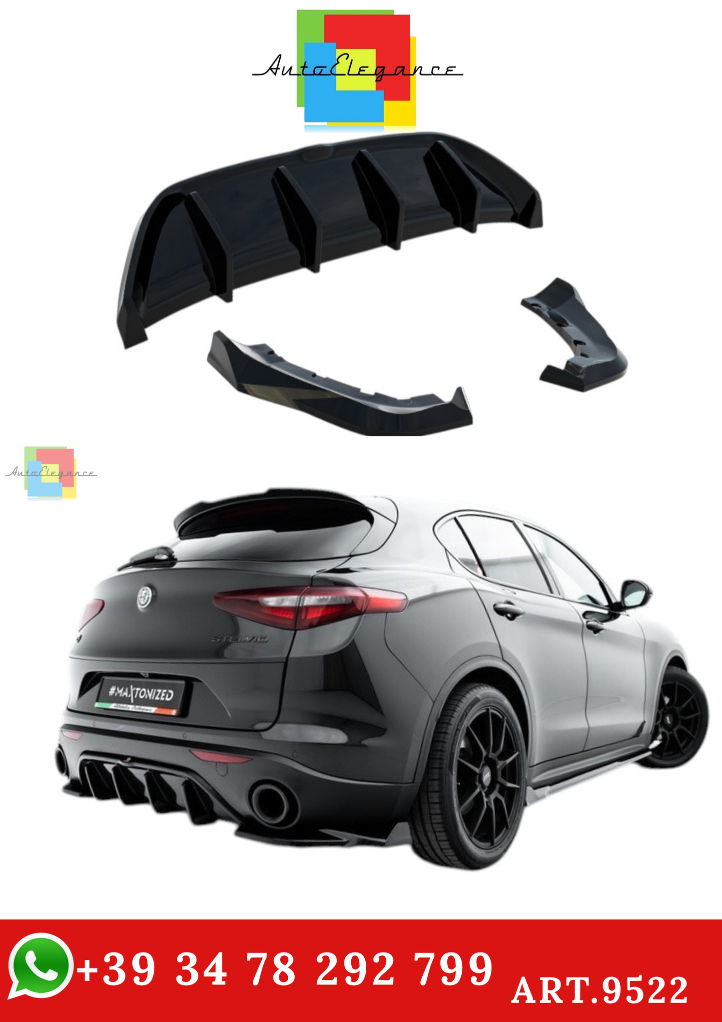 🔥ART.9522 DIFFUSORE +SPLITTER LATERALI 3 PEZZI NERO LUCIDO ALFA ROMEO STELVIO🔥