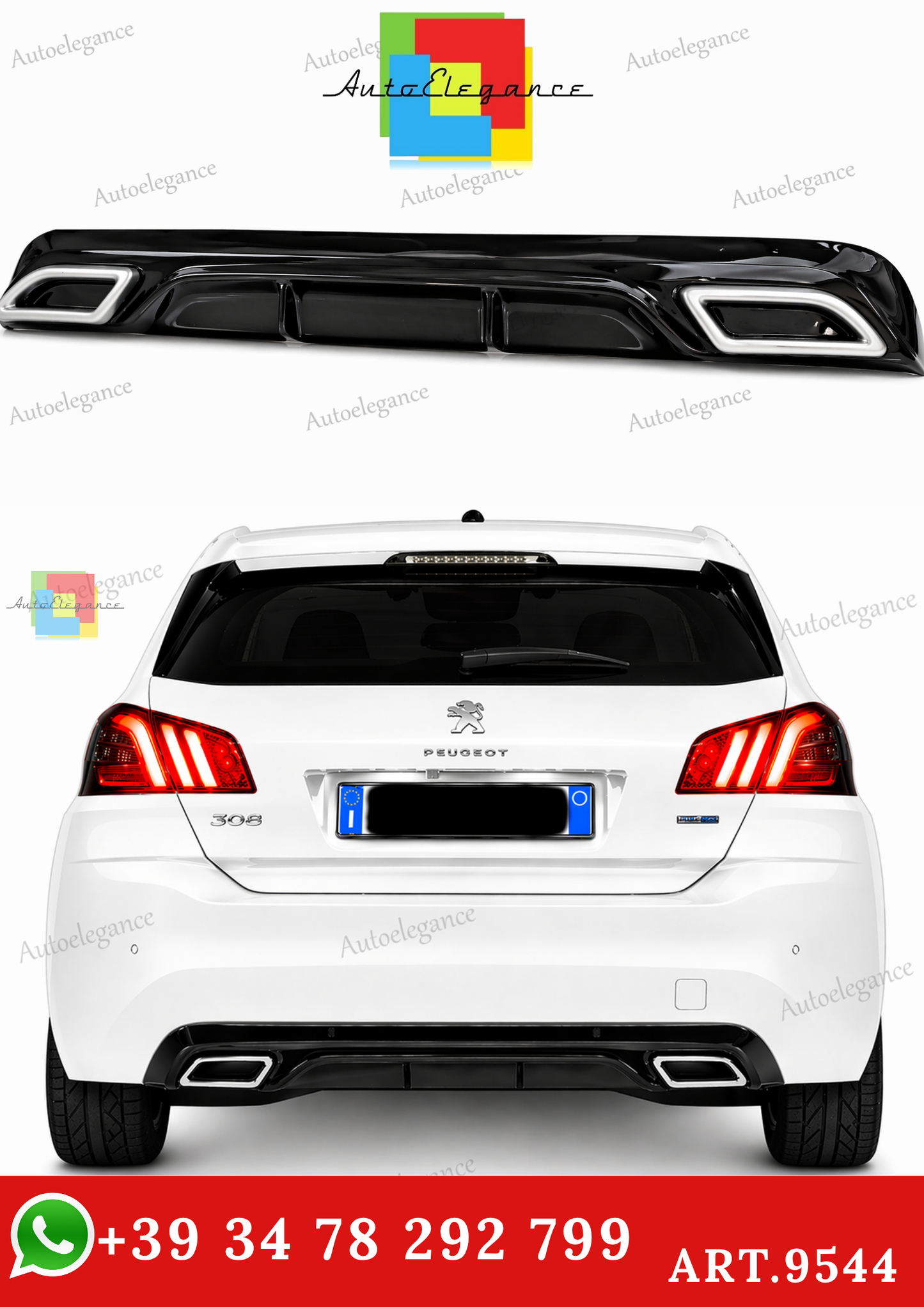 🔥ART.9544 DIFFUSORE PEUGEOT 308 II 5 PORTE 13-21 NERO LUCIDO TERMINALI OVALI🔥